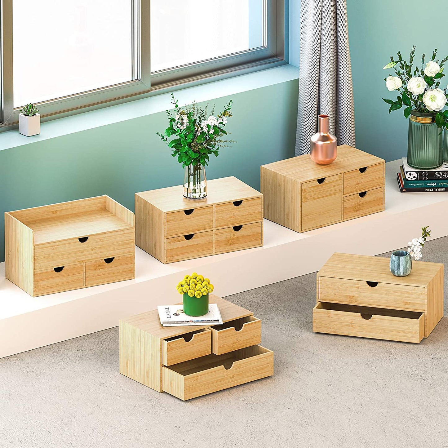 Bamboo Desktop Drawer Organizer with Three Drawers for Efficient Office and Home Storage Solutions
