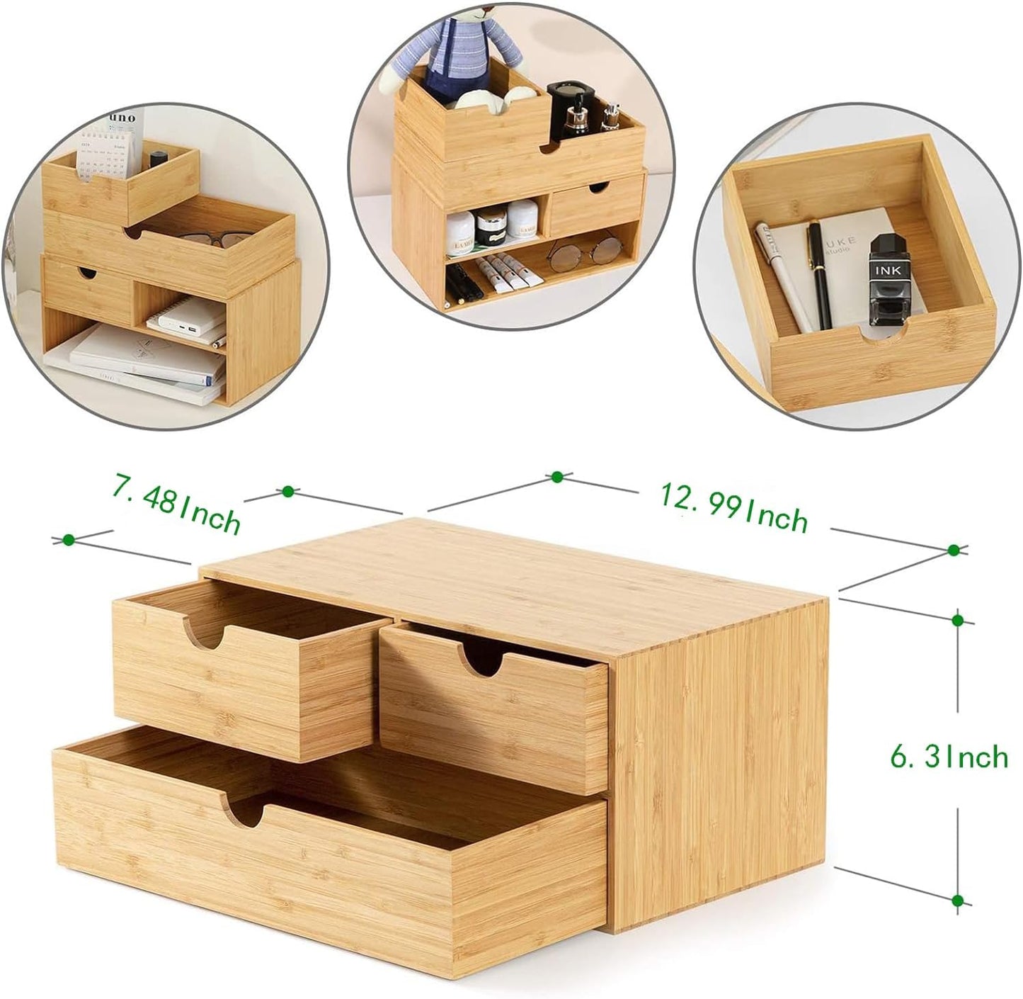 Bamboo Desktop Drawer Organizer with Three Drawers for Efficient Office and Home Storage Solutions