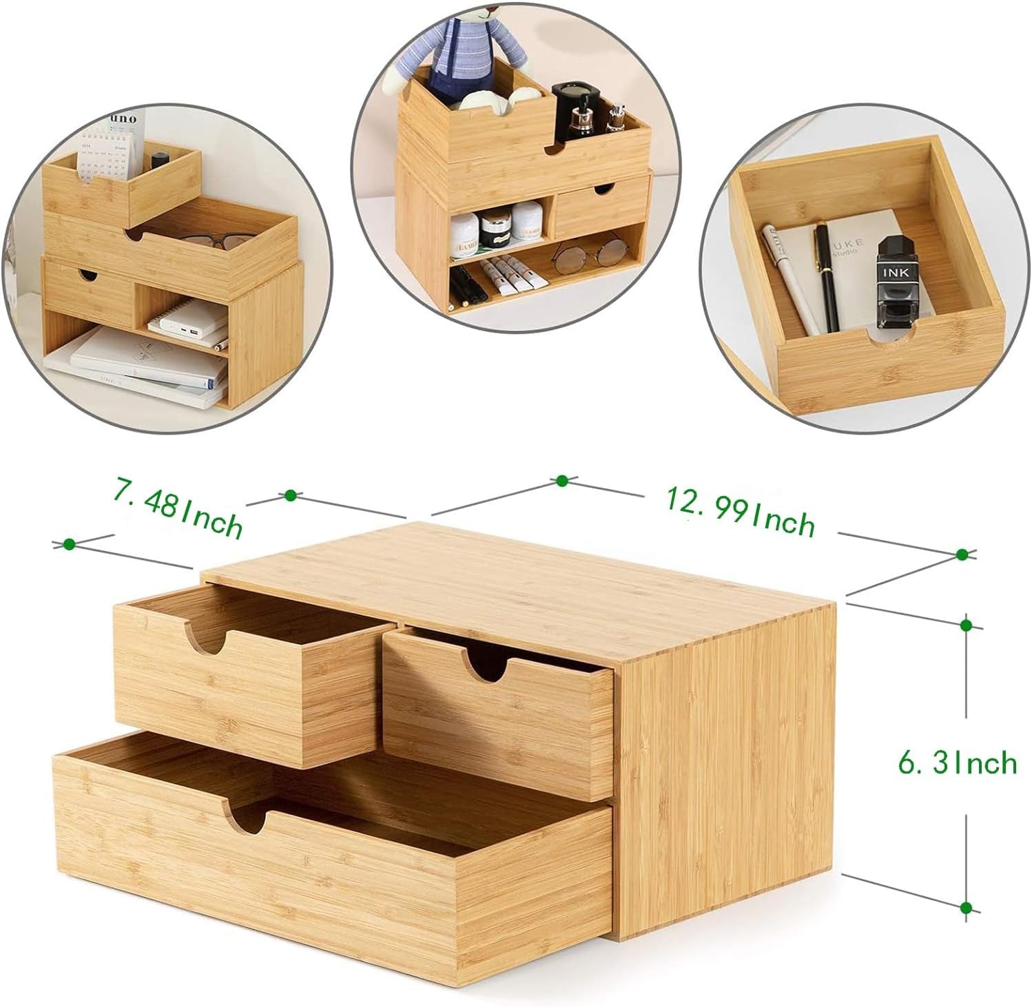 Bamboo Desktop Drawer Organizer with Three Drawers for Efficient Office and Home Storage Solutions